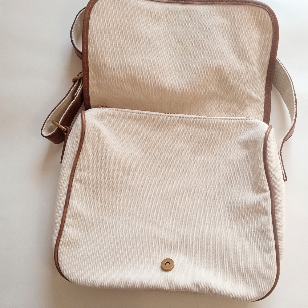 SOLD!Brandy Melville cow leather canvas brown cream shoulder messenger handbag - Picture 2 of 16